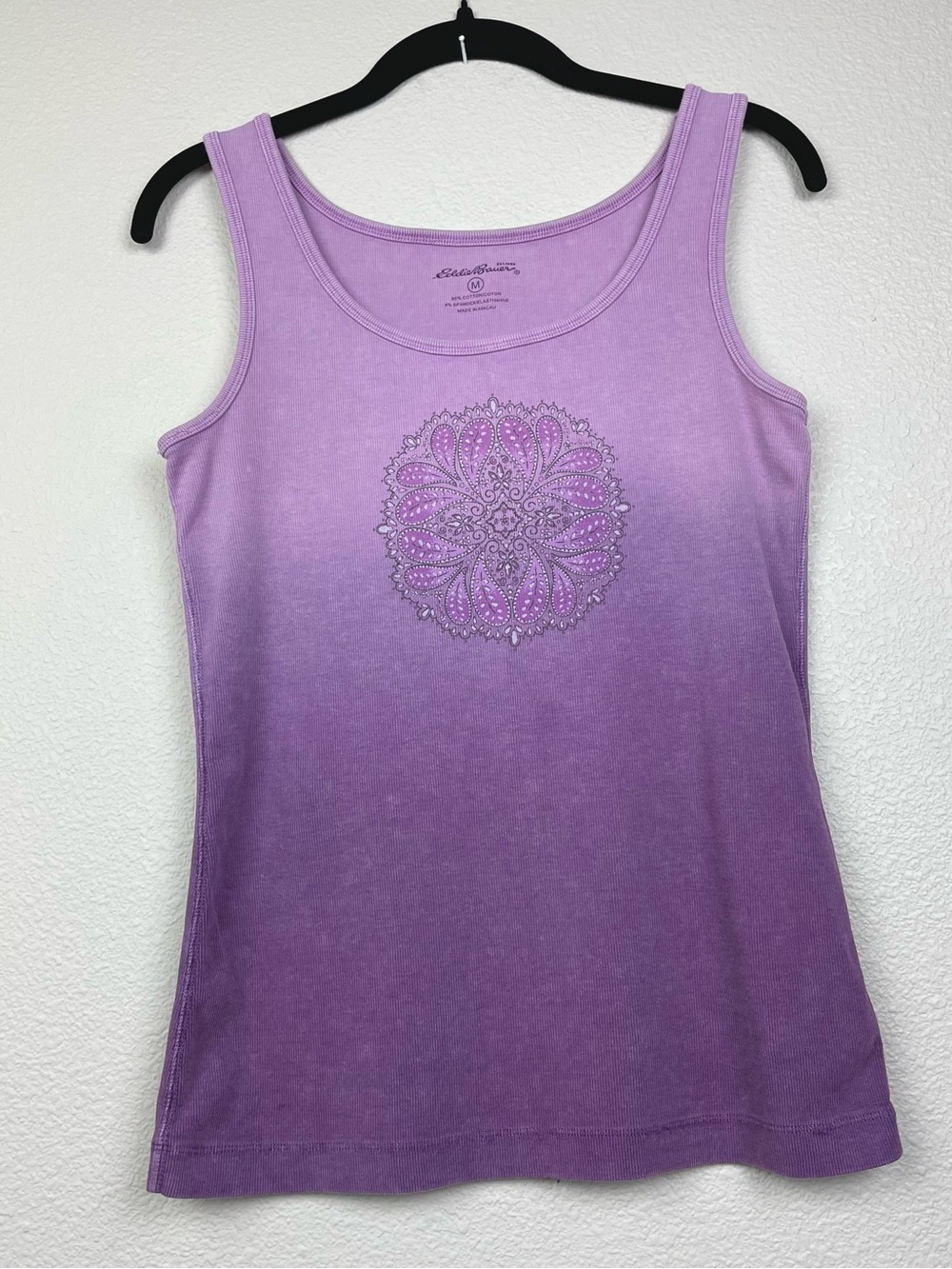 Eddie Bauer Women's Medium Purple Ombre Tank Mandala Print Stretch Ribbed Knit
